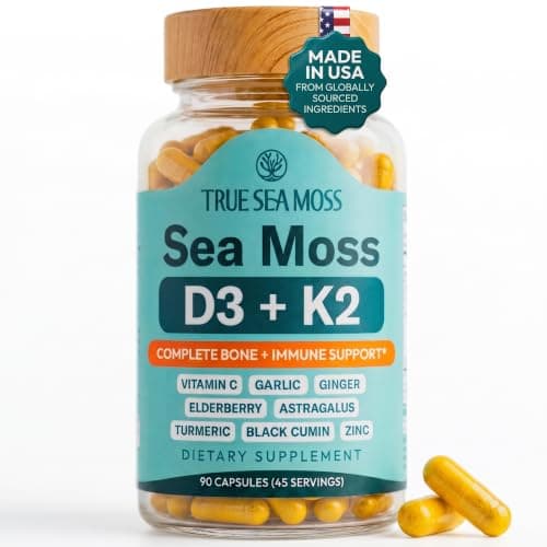 TrueSeaMoss Sea Moss Capsules – Immune Support – Sea Moss, Vitamin C, D3, Elderberry, Zinc, Turmeric, Astragalus – 90 Capsules (45 Servings) - Image 1