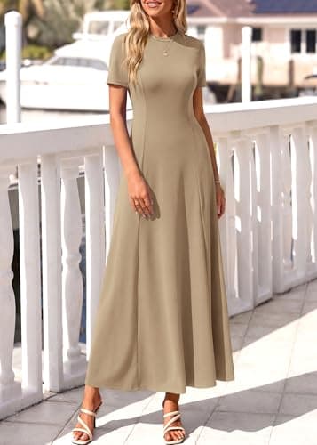 KIRUNDO Wedding Guest Dresses for Women 2026 Spring Summer Short Sleeve Pleated Long Flowy A Line Formal Maxi Dress Pockets(Khaki, Large) - Thumbnail 6