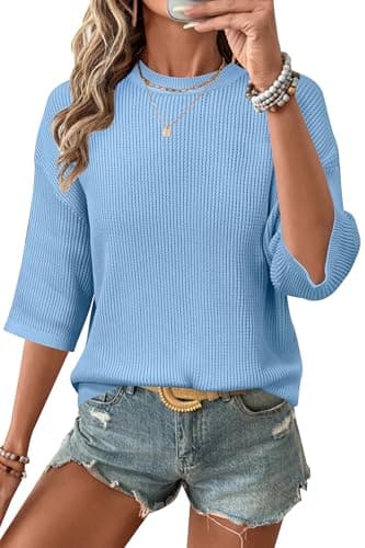 Arach&Cloz 2026 Women's Cotton Spring Summer Crochet Tops Crew Neck 3/4 Half Drop Short Sleeve Hollow Out Oversized Resort Wear Sweater Casual Vacation Outfits Fashion Trendy Shirts Light Blue XXL - Image 1