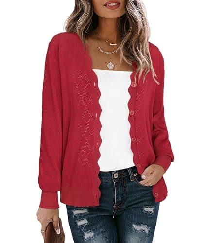 LILBETTER Women's V Neck Hollow Out Crochet Button Down Knit Slim Cardigan Sweater Outfit(Red Small) - Image 1