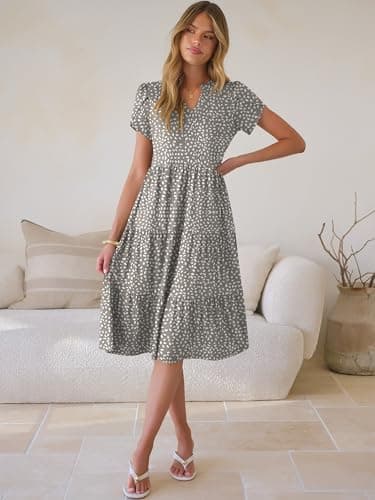 ANRABESS Womens Summer Causal Dresses V Neck Short Sleeve Midi Dress 2026 Flowy Tiered Boho Beach Sundress Vacation Outfits Khaki Polka Dot S - Thumbnail 5