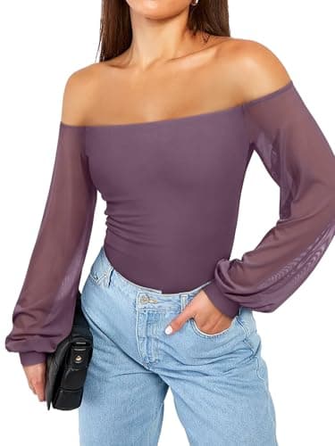 REORIA Womens Going Out Off The Shoulder Sheer Mesh Puff Long Sleeve Thong Bodysuit Tops Gray Purple X-Small - Thumbnail 2