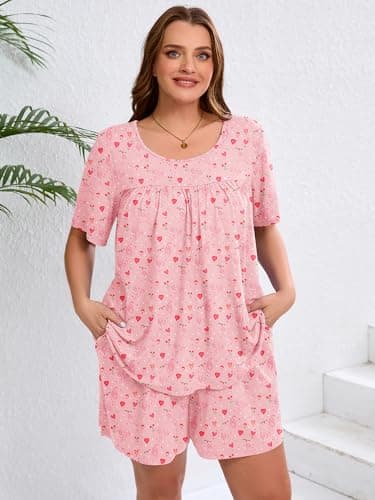 AusLook Women's Plus Size Pajama Sets Short Sleeve Top and Shorts Pink Tiger Hearts 2X Casual Comfy Soft Ladies Short Pajamas Set Loungwear Sleepwear Pjs Set 2 Piece Lounge Set with Pockets - Thumbnail 4