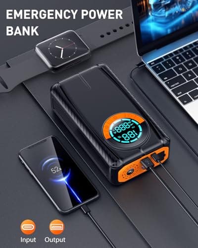 HIPOM Jump Starter with Air Compressor, Car Battery Jump Starter (8.0 Gas/7.0L Diesel), Battery Jumper Starter Portable Jump Box, 12V Portable Car Jump Starter with Tire Inflator, LED Light (Classic) - Thumbnail 5