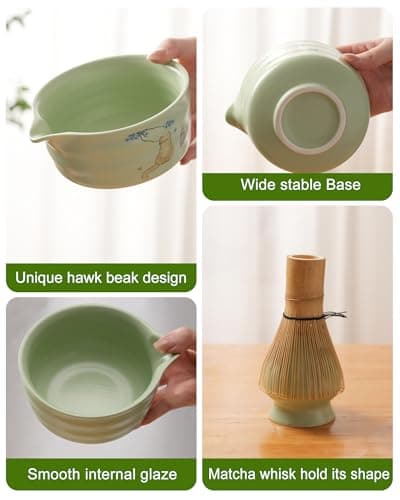 Matcha Whisk Set, Ceramic Matcha Set Includes Matcha Bowl, Matcha Whisk and Holder, Bamboo Scoop, Scoop Rest, Sifter and Tea Towel - 7 Pcs Matcha Kit(Green) - Thumbnail 6