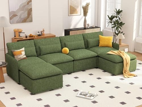 Maakkuu 129" U Shaped Couch, Modular Sectional Sofa with Moveable Ottoman, Large Deep Seat Chenille Sofa for Living Room, Oversized Modern Comfy Couch for Apartment, Office