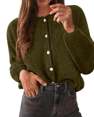 KIRUNDO Women’s Cardigans Casual Loose Button Up Long Sleeve Crewneck Knit Cardigan Sweaters Open Front Outerwear Coats(Army Green, Medium) - Image 1