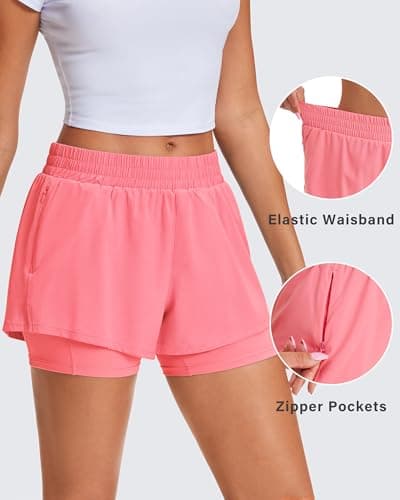 Stelle Women's 2 in 1 Running Shorts Athletic Workout Gym Shorts High Waisted Shorts with Liner Zipper Pockets (Coral, Medium) - Thumbnail 5