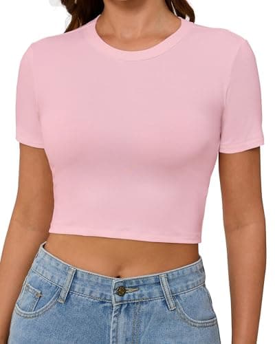 Abardsion Women's Baby Tees Slim Fit Crew Neck Short Sleeve Crop Tops - Basic Y2K T Shirts for Summer Daily Wear & Workout Light Pink X-Small
