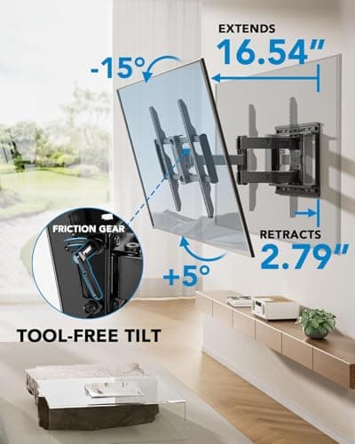 Pipishell Full Motion TV Wall Mount for 42-85 inch LED TVs up to 132lbs, Fits 65 75 Inch Swivel TV Mount Bracket with Articulating Arms, Max VESA 600x400mm, Fits 12” 16" Wood Studs - Thumbnail 5