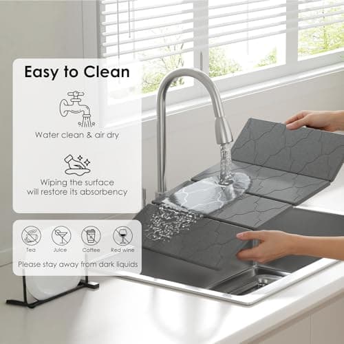 3-Piece Stone Dish Drying Mat Set for Kitchen Counter -24"x16" Large Absorbent Diatomaceous Earth Mat for Countertop, Stone Faucet Mat & Soap Tray- Quick Dry, Non-Slip - Thumbnail 4