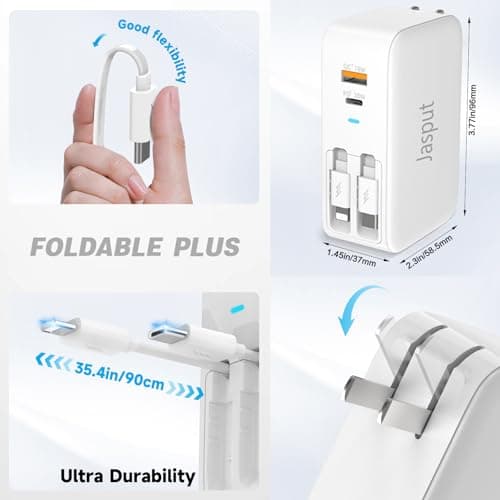 Jasput USB Wall Charger Block, Built-in Dual Retractable Cables 40W USB C Block Wall Plug with USB A/USB C Ports, Travel and PD Fast Charging for iPhone 17/16/15/14/13/12, Pad, Tablet and More - Thumbnail 4