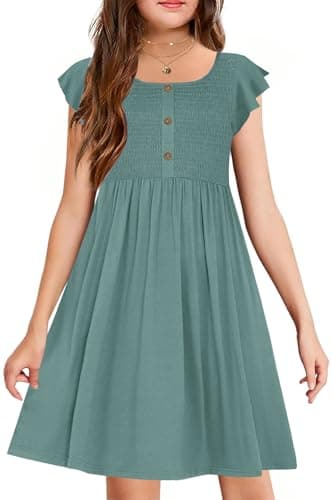 YOVION Girls Easter Dresses Boho Flutter Sleeve Swing Flared Casual Dresses with Pockets for 12-13 Y Sage Green - Image 1