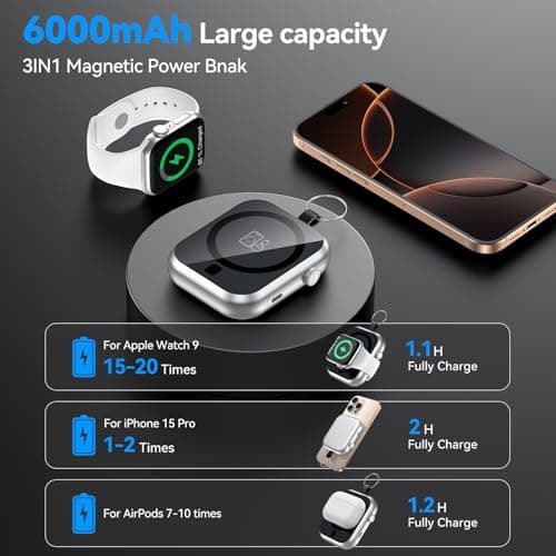MIZUIA Small Portable Charger - for MagSafe Battery Pack 6000mAh, 3-in-1 Magnetic Wireless PowerBank for Apple Watch, 22.5W Fast Charging Power Bank for iPhone 17 Pro Max/16/15/14/13/12 - Thumbnail 2
