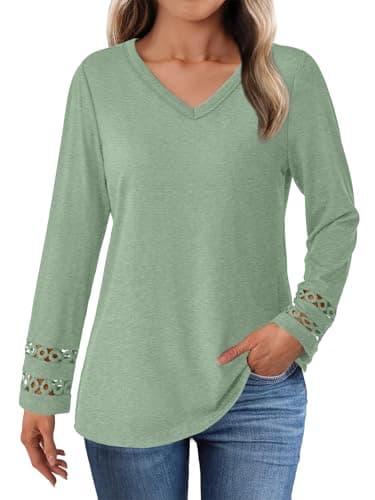 GKBK Women’s Long Sleeve V Neck Tunic Top Casual Dressy Blouse Business Loose Fit Trendy 2025 Fall Outfits Light Green XL - Thumbnail 2
