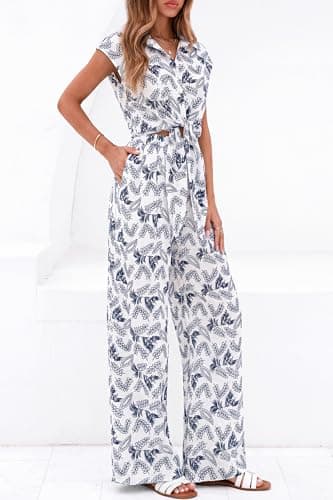 PRETTYGARDEN 2 Piece Sets For Women Summer Striped Button Down Tie Front Crop Tops Wide Leg Pants Floral Lounge Set 2026(Flower Navy,XX-Large) - Thumbnail 4