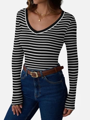 GKBK Womens 3/4 Sleeve Scoop Neck Tops Ribbed Knit Slim Fitted Casual Basic Tee Shirts 2026 Summer Fashion Trendy Work Casual T-Shirt Undershirts Layering Clothes Black White Stripe L - Thumbnail 5