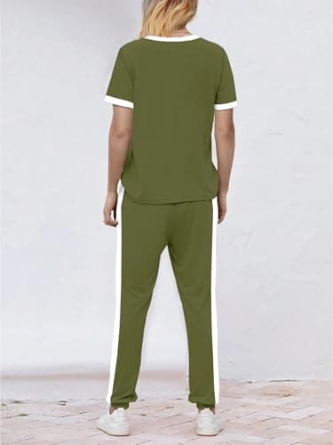KBKBSN Women 2 Piece Outfits 2026 Summer Casual Sweatsuits Short Sleeve Top Lounge Sets Long Pants Tracksuits Set with Pocket Armygreen S - Thumbnail 4