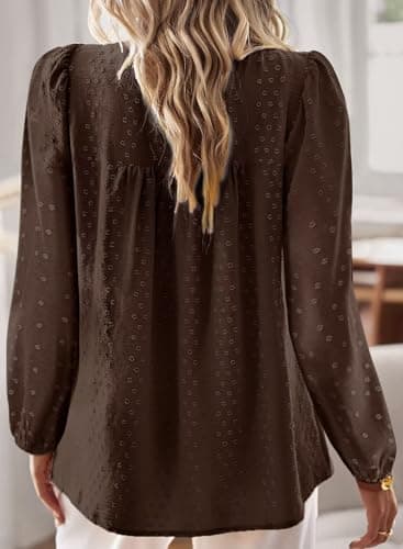 Falechay Plus Size Tops for Women Keyhole Button Fall with Elastic Loop Dressy Casual Crewneck Teacher Flowy Blouses Spring Boho Shirts Brown 5XL - Thumbnail 3