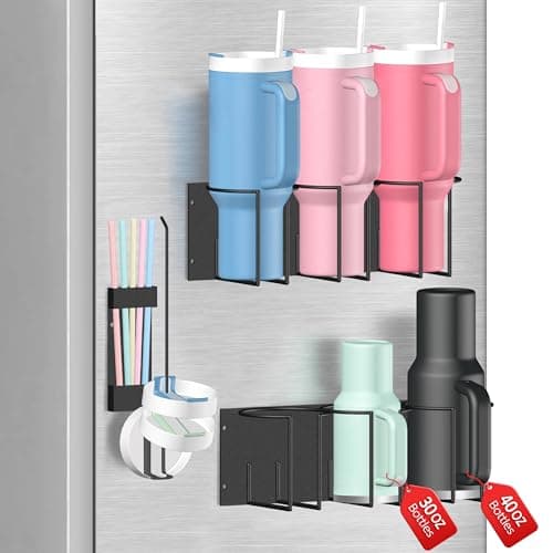 Magnetic Cup Holder for Fridge - Tumbler Organizer for Stanley 20/30/40 oz, Stanley Cup Holder with Lid & Straw Holders, Water Bottle Organizer Stanleys Cup Accessories Storage for Kitchen Fridge - Image 1
