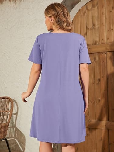 AusLook Plus Size Summer Purple Gray Dress for Women V Neck Short Sleeve Loose Fit Casual Knee Length 4X Sundress with Pockets - Thumbnail 6