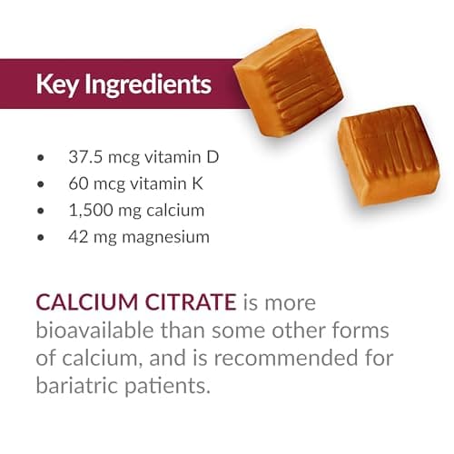 Bariatric Advantage Calcium Citrate Chewy Bites 250 mg with Vitamin D3 - Chewable Supplement for Bariatric Surgery Patients - Sugar-Free Calcium Chews - Caramel Flavor - 60 Count - Thumbnail 6