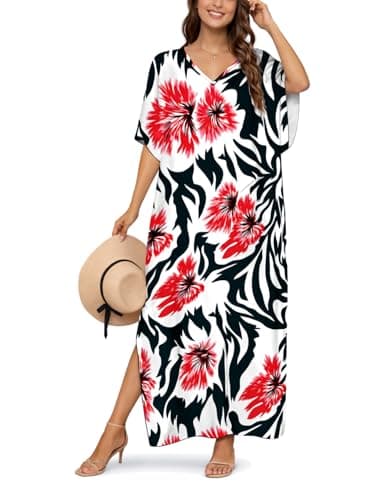 ZIRHYSTA Women Kaftan Beach Cover Up,Plus Size Batwing Short Sleeve V Neck Muumuu Summer Maxi Dress for Pool Resort (Crimson Zebra) - Image 1