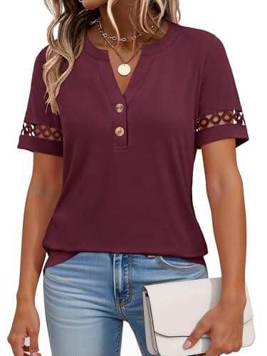 ANRABESS Womens Short Sleeve Tops Henley V Neck Blouses Dressy Casual 2026 Summer Trendy Tee Shirts Work Business Outfits Burgundy Red Large - Image 1