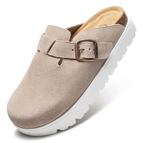 Brelzo Calvior Women's Platform Suede Clogs Slip-On Mules Non-Slip Potato Shoes Sandals with Arch Support Adjustable Buckle Tan - Image 1