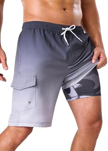 SILKWORLD Mens Swimming Trunks with Compression Liner 2 in 1 Quick-Dry Swim Shorts with Zipper Pockets, Gradient Black Grey, Large - Image 1