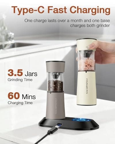 Electric Salt and Pepper Grinder Set, Stainless Steel Automatic Pepper Mill, Rechargeable with USB-C Charging Base, Gravity Activated One-Handed Operation, Dual LED Light, 2 Pack - Thumbnail 3