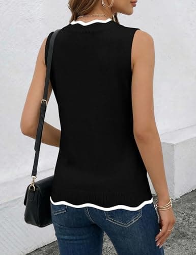 LaGracia Sleeveless Sweater for Women Summer Tank Tops V Neck Vests Tops Cute Trendy Ladies Color Block Lightweight Sweaters Vest Beach Vacation Business Casual Clothes Black 2XL - Thumbnail 4