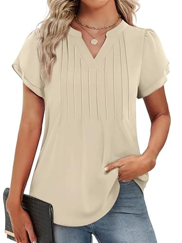 Funlingo Dressy Tops for Women Fashion 2026 Short Petal Sleeve Flowy Blouses Business Casual Office Shirt Loose Fitting Outfits Beige XL - Image 1