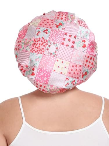Vettres Double Layer Satin Bonnet for Sleeping with Detachable Eye Mask Adjustable Night Cap for Curly, Natural, Braided Hair Reduces Frizz & Locks in Moisture Pink Strawberry - Thumbnail 5
