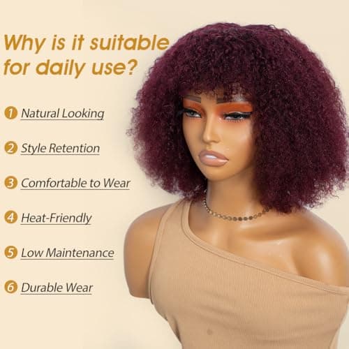 JOEDIR HAIR Human Hair Wig Afro Kinky Curly Fluffy Wig for Black Women Wear and Go Wig with Bangs Glueless Wigs 250% Density (99J, 10 inch) - Thumbnail 3