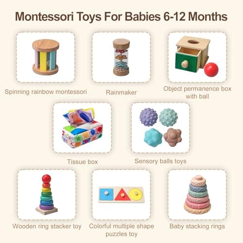 Teekdeer Montessori Toys for Babies 6-12 Months,8 in 1 Developmental Learning Toys Set Wooden Sensory Toys for Baby Toys 12-18 Months (Includes Tissue Box Toy,Stacking Cups and More) - Thumbnail 5