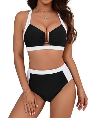 Bikini Sets for Women Tummy Control Push Up Swimsuits 2 Piece Metal Padded Bathing Suit Top Vacation Swim Suit (Black, M) - Image 1