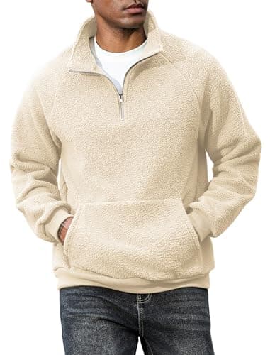 ZAFUL Men's Fluffy Polar Fleece Sweatshirt Embroidery Half Zip Unisex Hoodie Apricot XL - Image 1