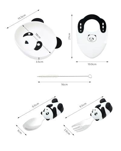Ecrekhom Silicone Baby Feeding Set 5 Pcs, Weaning Supplies, Panda Baby Plates Baby Spoon & Fork, Baby Utensils Feeding Essentials - Thumbnail 2