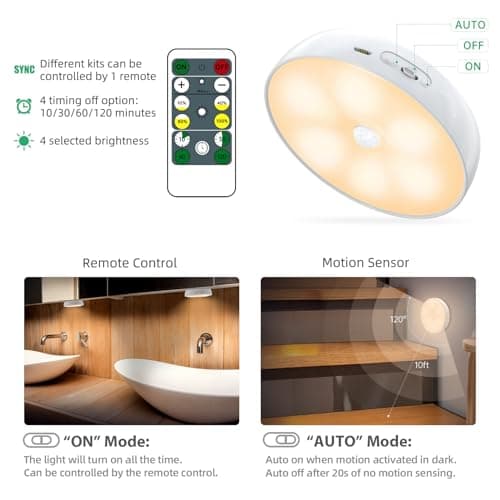 Warm Color LED Closet Lights Motion Sensor Puck Light, USB Rechargeable Battery Operated Puck Step Lights, Dimmable Under Cabinet Lighting for Counter Wardrobe Kitchen (6 Pack) - Thumbnail 4