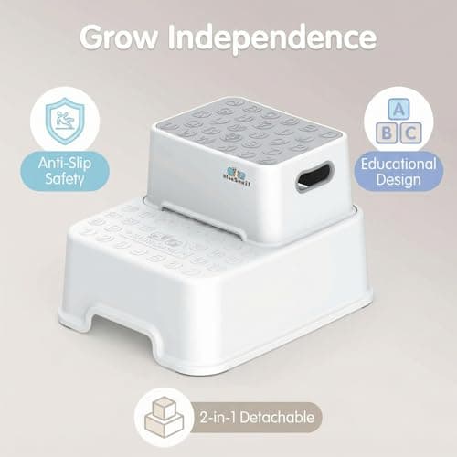 2-Step Kids Step Stool with Educational Design, Anti-Slip Bathroom Stool for Toddlers, Potty Training Helper, Safety Kitchen Standing Tower for Little Boys & Girls, Non-Slip Wide Base, White - Thumbnail 2