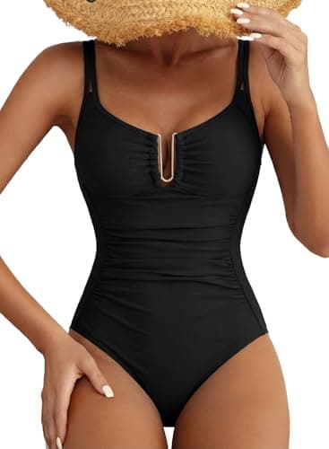 Aleumdr Women's U-Wired Tummy Control One Piece Swimsuit 2026 Vintage Bathing Suits Ruched Swimwear Black Large - Image 1