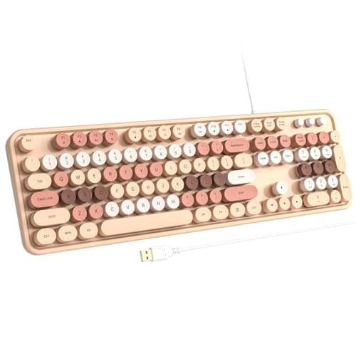 Atelus Computer Wired Keyboard, Plug Play USB Full-Size Keyboard with Large Number Pad, Caps Indicators, Foldable Stands, for Windows 7/8/10 PC Laptop (Milk Tea Colorful)