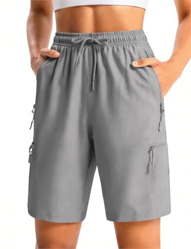 Cyasundent Women's 9" Hiking Cargo Shorts Lightweight Stretch Quick Dry Athletic Golf Summer Bermuda Shorts for Women (Light Grey_M)