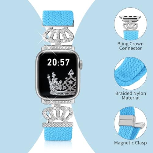 Chinber Braided Band Compatible with Apple Watch Bands 40mm 38mm 41mm 42mm 44mm 45mm 46mm 49mm,Magnetic Soft Nylon Stretchy Strap with Designer Bling Crown Strap for Series 10/9/8/7/6/5/4/3/2/SE/Ultra - Thumbnail 3