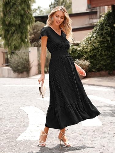 PRETTYGARDEN Womens 2026 Spring Swiss Dot Maxi Dress Short Sleeve V Neck Smocked Waist Ruffle Tiered Flowy Long Party Dresses(Black, Large) - Thumbnail 5