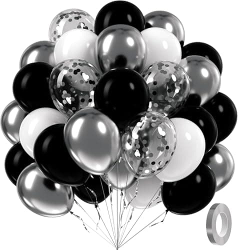 60Pcs Black and Silver Balloons, 12Inch Black and White Balloons with Silver Confetti Balloons for Baby Shower Wedding Graduation Birthday Party Decorations - Image 1