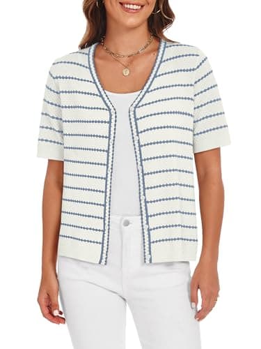 COCCKO Womens V Neck Summer Striped Cardigan Puff Sleeve Ruffle Lightweight Knit Sweaters Open Front Button Down Tops Blue M - Thumbnail 4