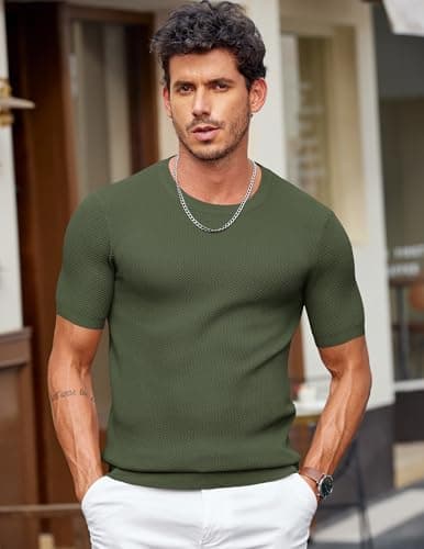 COOFANDY Mens Dress T Shirts Short Sleeve Knit T Shirt Casual Summer Shirt Crewneck Tshirts Army Green - Thumbnail 2