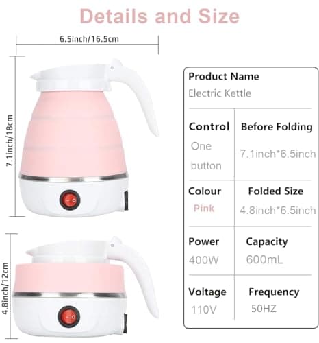 Foldable Electric Kettle, Upgraded Food Grade Silicone,600W 600ML Flash Heat Small Portable Travel Electric Kettle,110V US Plug (Sakura Pink) - Thumbnail 3